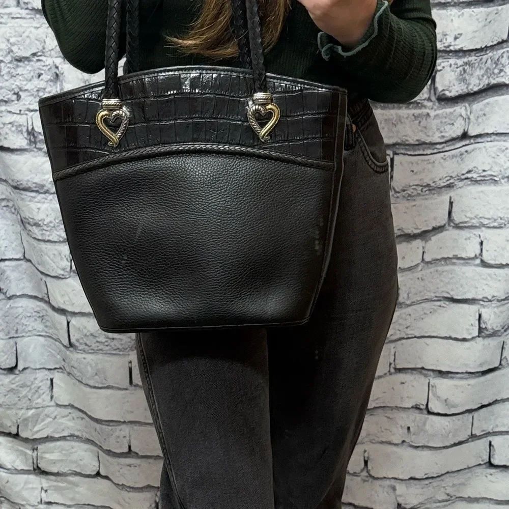 * Brighton Black Croc-Embossed Tote with Heart Details